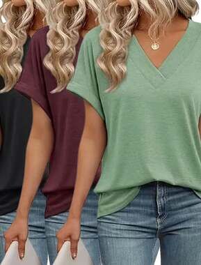 NEW WOMENS 3PCS V-NECK ROLLED SHORT SLEEVE CASUAL T-SHIRT